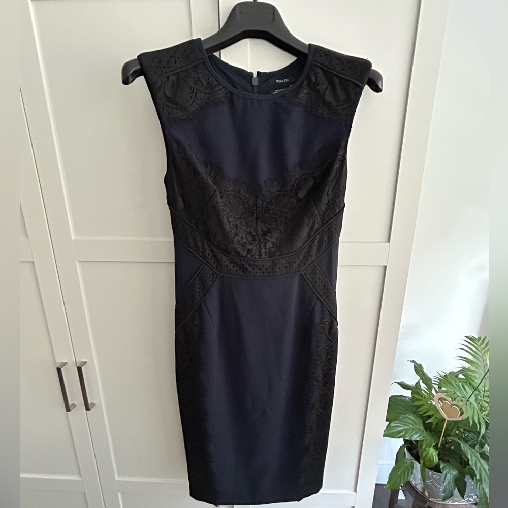 Navy Blue with Black Lace overlay sheath dress.
